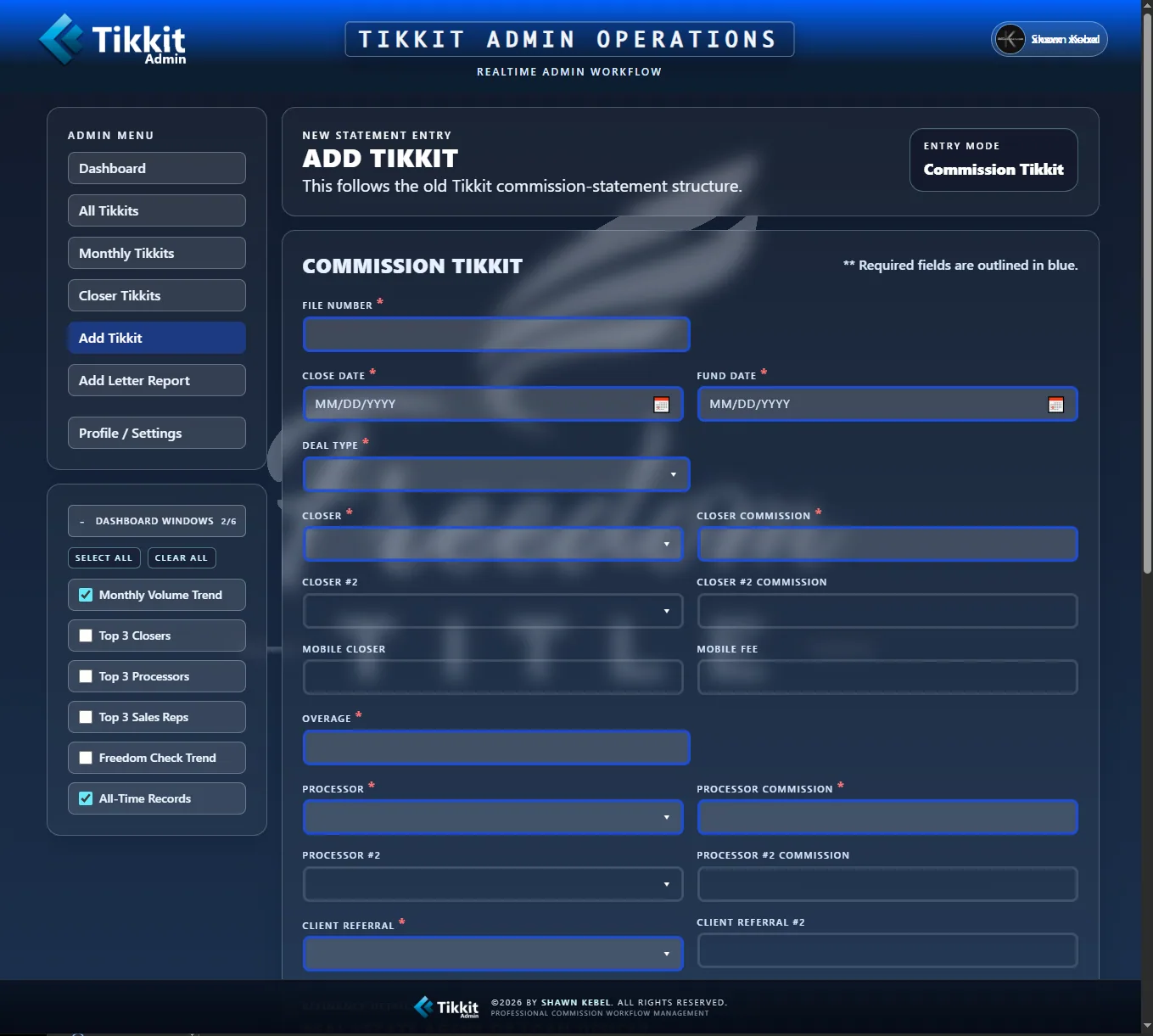 Tikkit admin commission entry form with structured fields