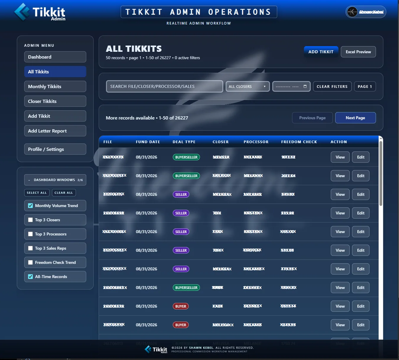Tikkit admin all tikkits list with filters and pagination